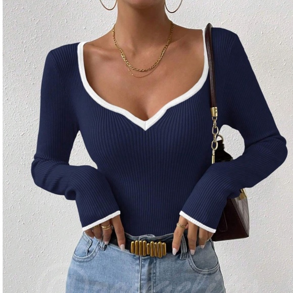 Navy Blue Rib Knit Sweetheart Neck Contrast White Trim - Picture 1 of 9